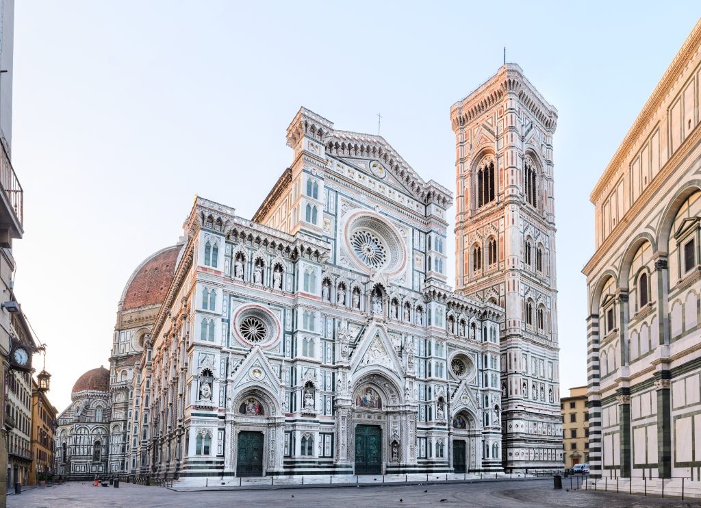 Florence Cathedral with its iconic marble facade and towering bell tower.