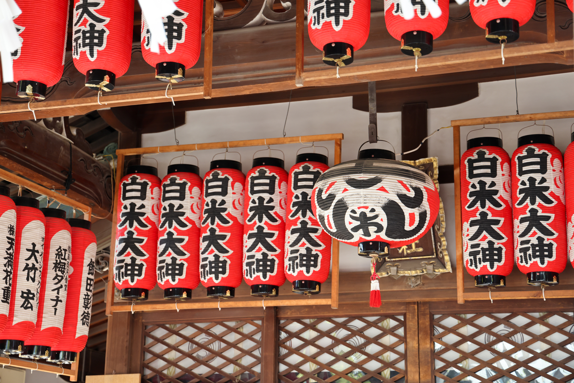 Red paper lanterns with Japanese characters hang beneath a shrine's wooden eaves in Japan
