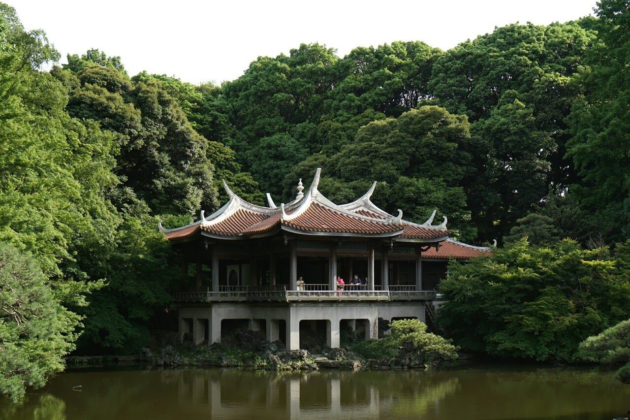 A tiled pavilion with upturned eaves sits above a garden pond, framed by dense trees
