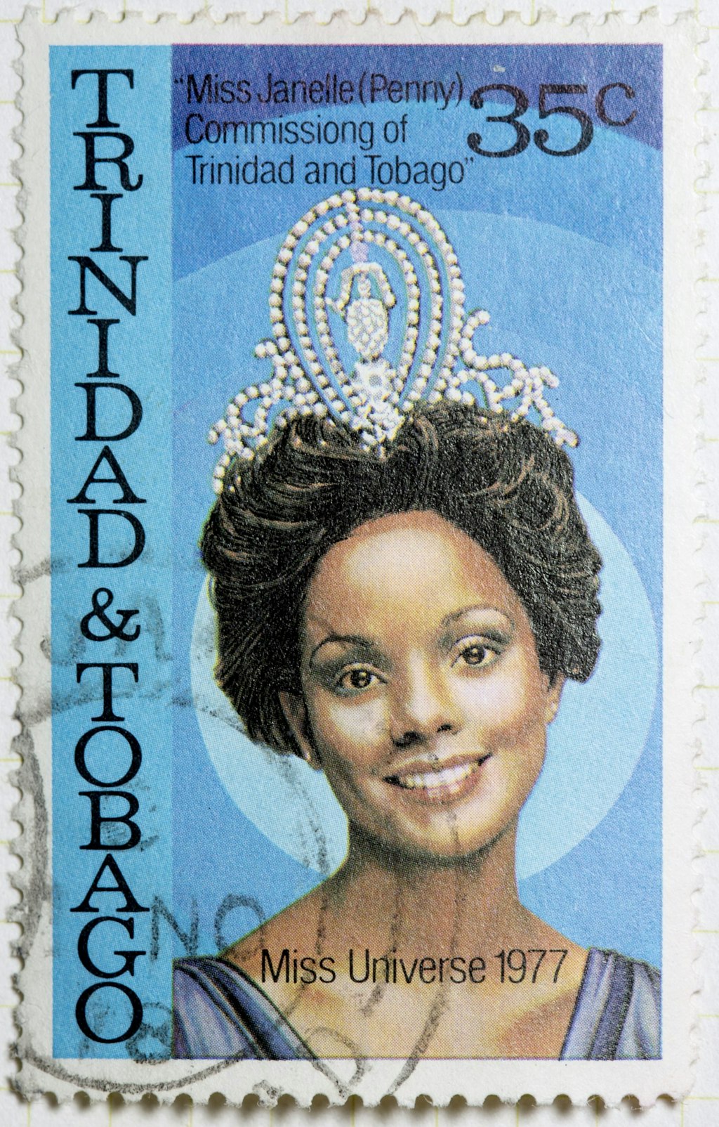 1 of the 3 stamps of Janelle Commissiong that was issued in her honor. This is the blue version. 