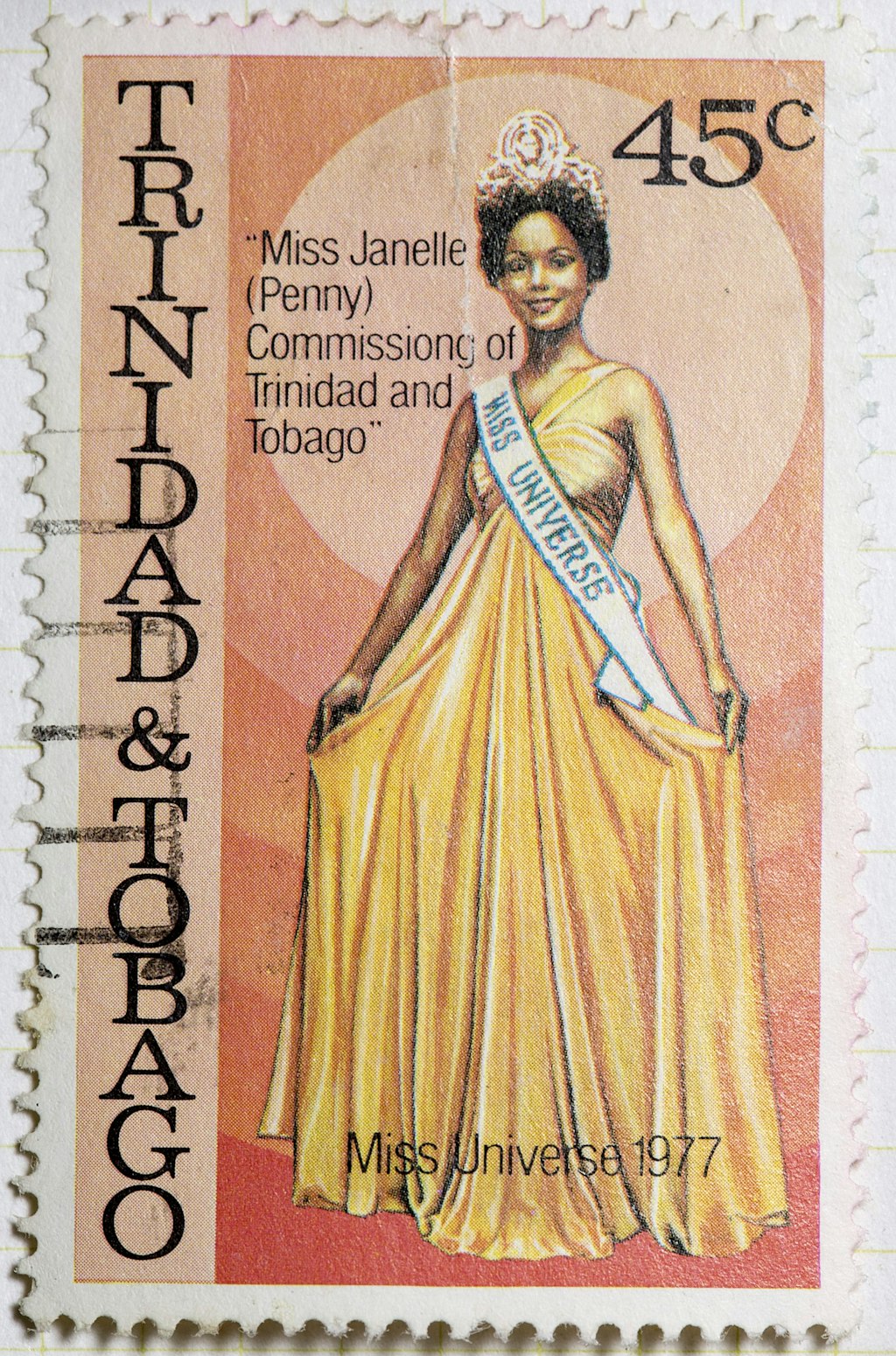 1 of the 3 stamps of Janelle Commissiong that was issued in her honor. This is the yellow version