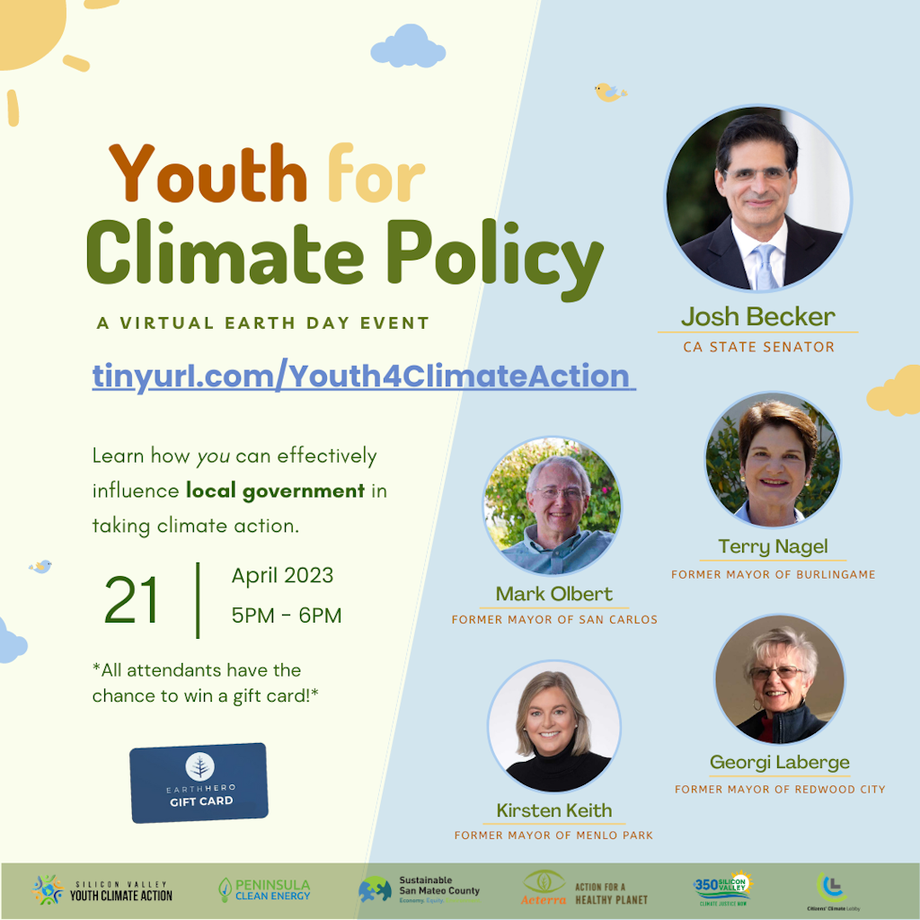 Speaker list for April 2023 Youth for Climate Policy meeting, 5PM - 6PM