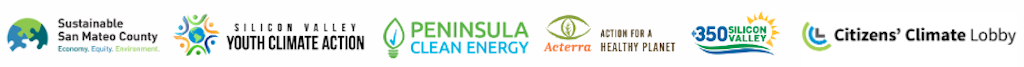 Logos of partner organizations, including Sustainable San Mateo County, Silicon Valley Youth Climate Action, and Peninsula Clean Energy.