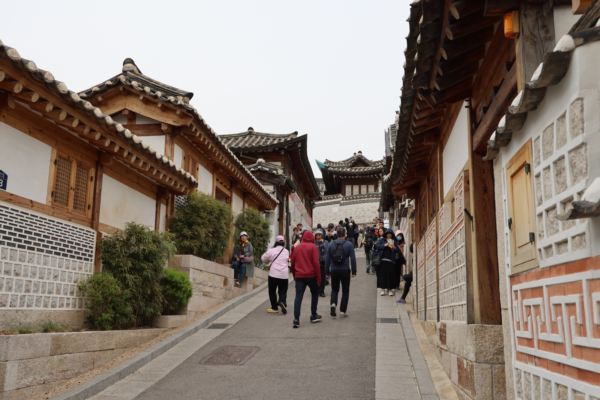 Teen travelers walking down a street with traditional Korean buildings in Seoul, South Korea.