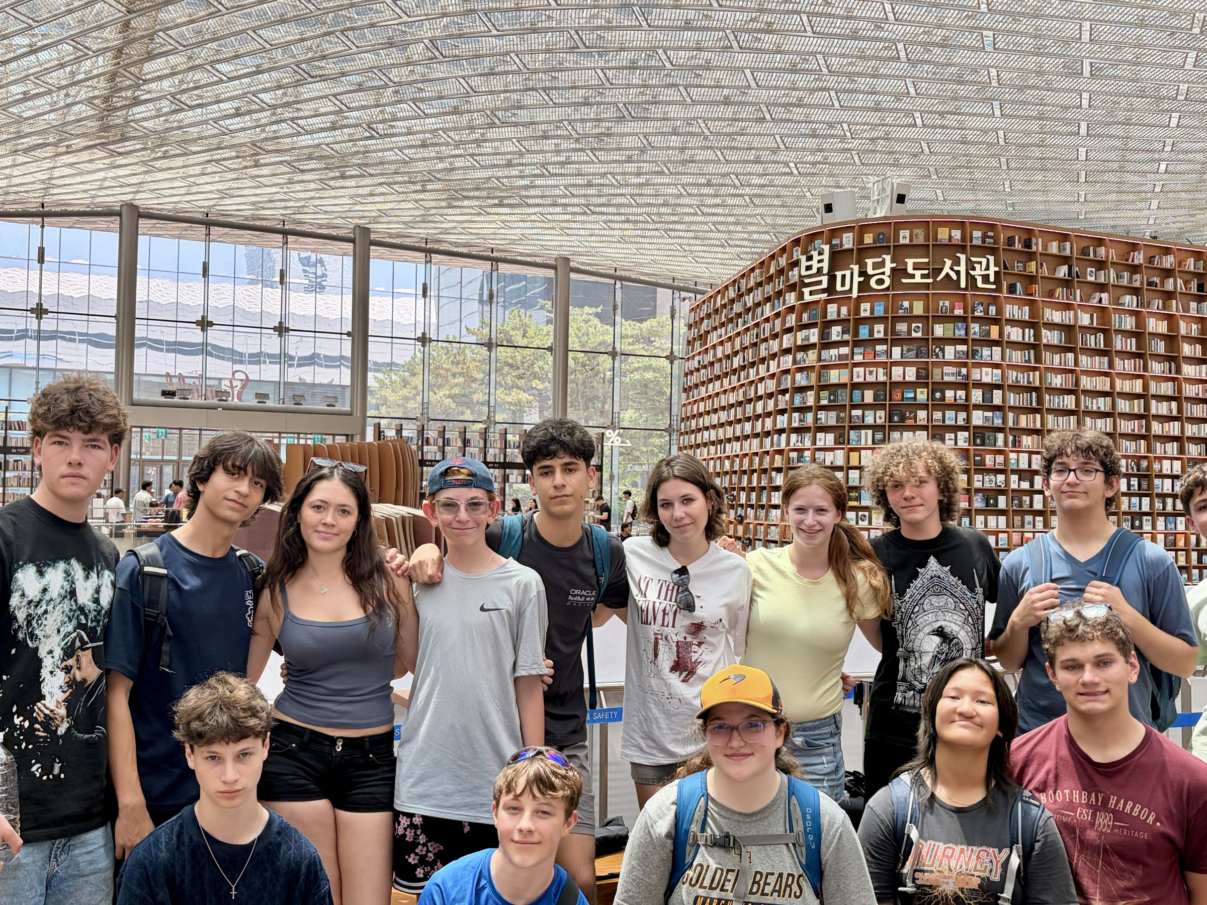 The whole group together on arrival day outside Starfield Library