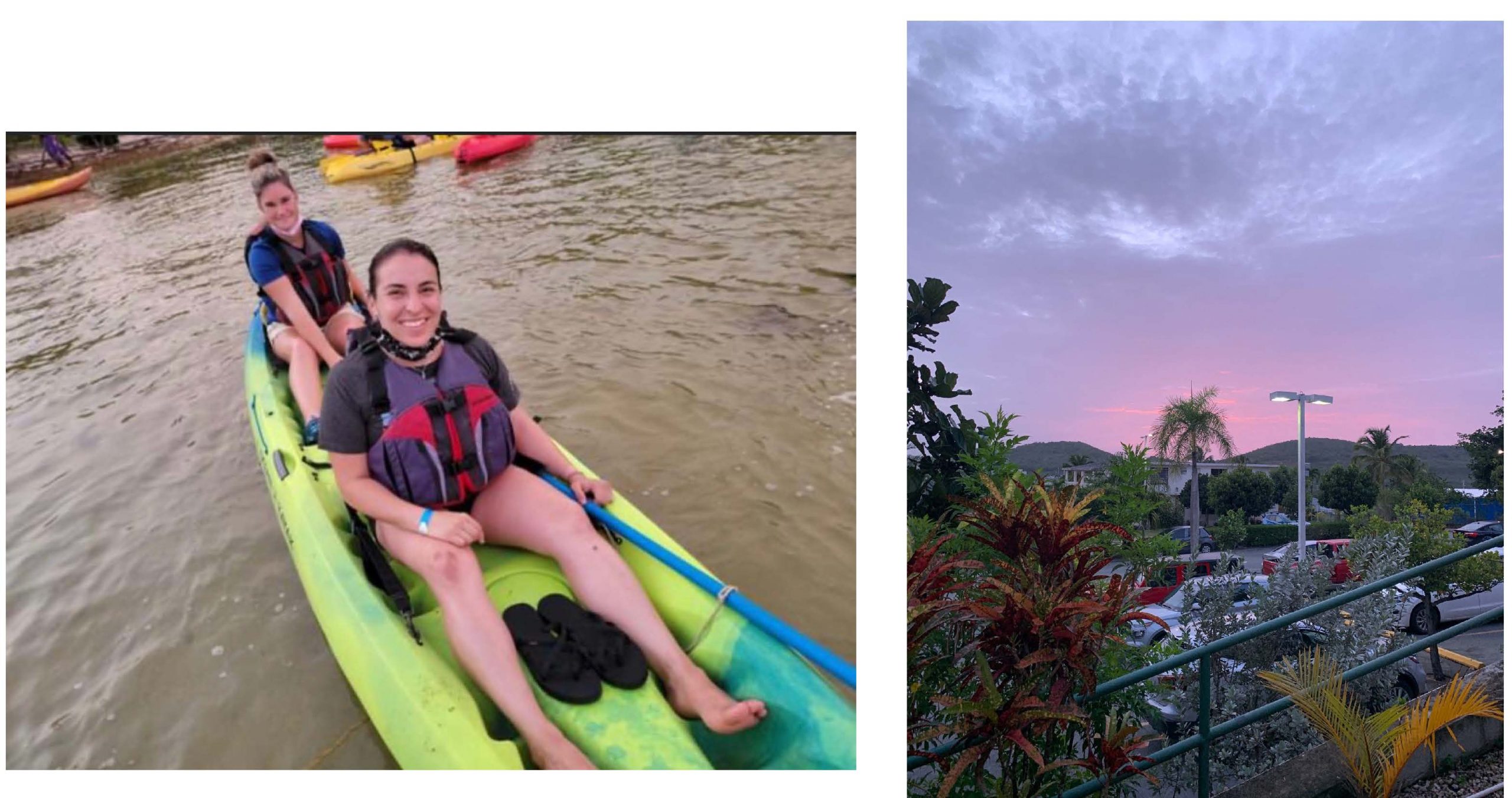 Students paddle a kayak wearing life jackets on a calm river