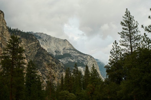 A dramatic view of Kings Canyon's towering granite cliffs and forested landscape under cloudy skies.