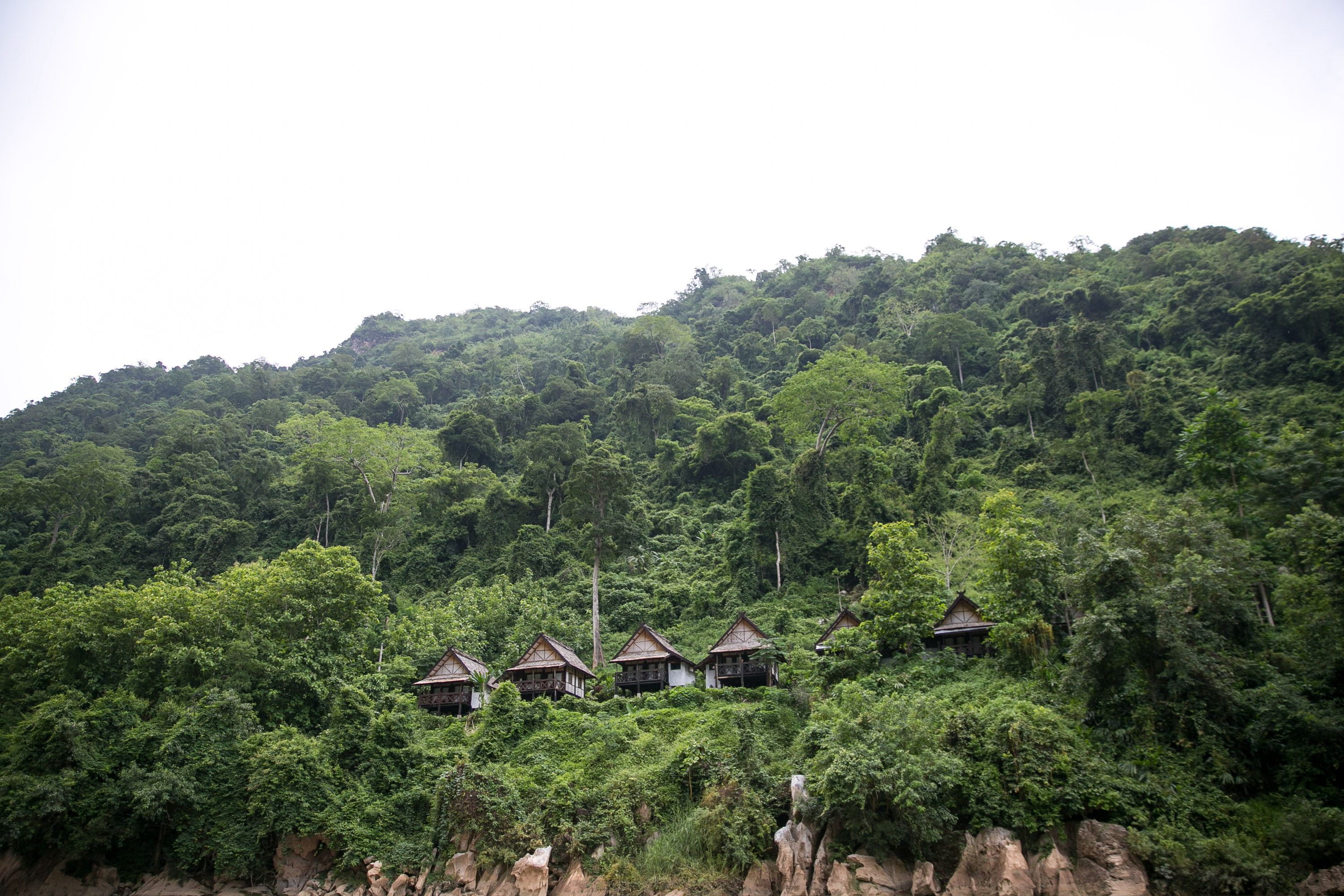 Students walk past thatched-roof bungalows nestled among dense forest on a steep hillside
