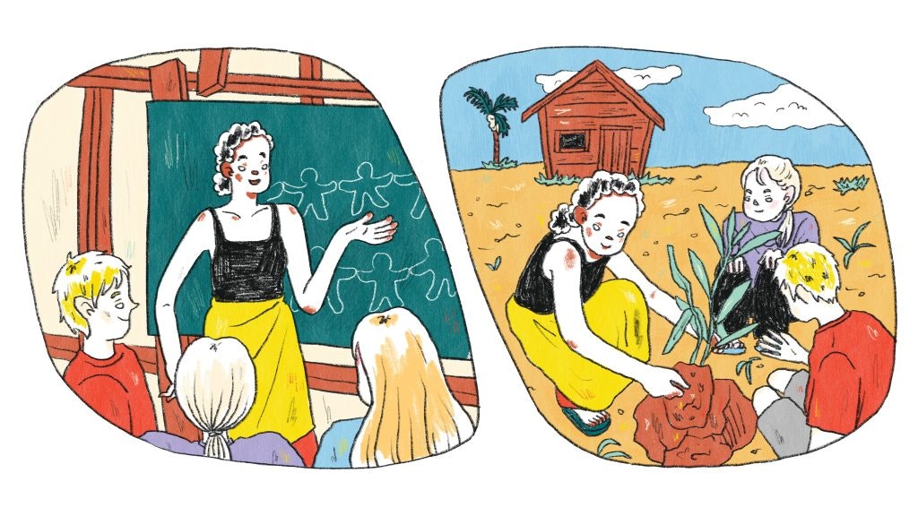 A hand-drawn illustration showing the benefits of learning with communities instead of about communities.