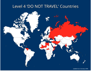 Where Can't Americans Travel: Map showing countries under Level 4 'Do Not Travel' advisory for US citizens, prominently marked in red on a dark blue background, with an update note for January 2026.