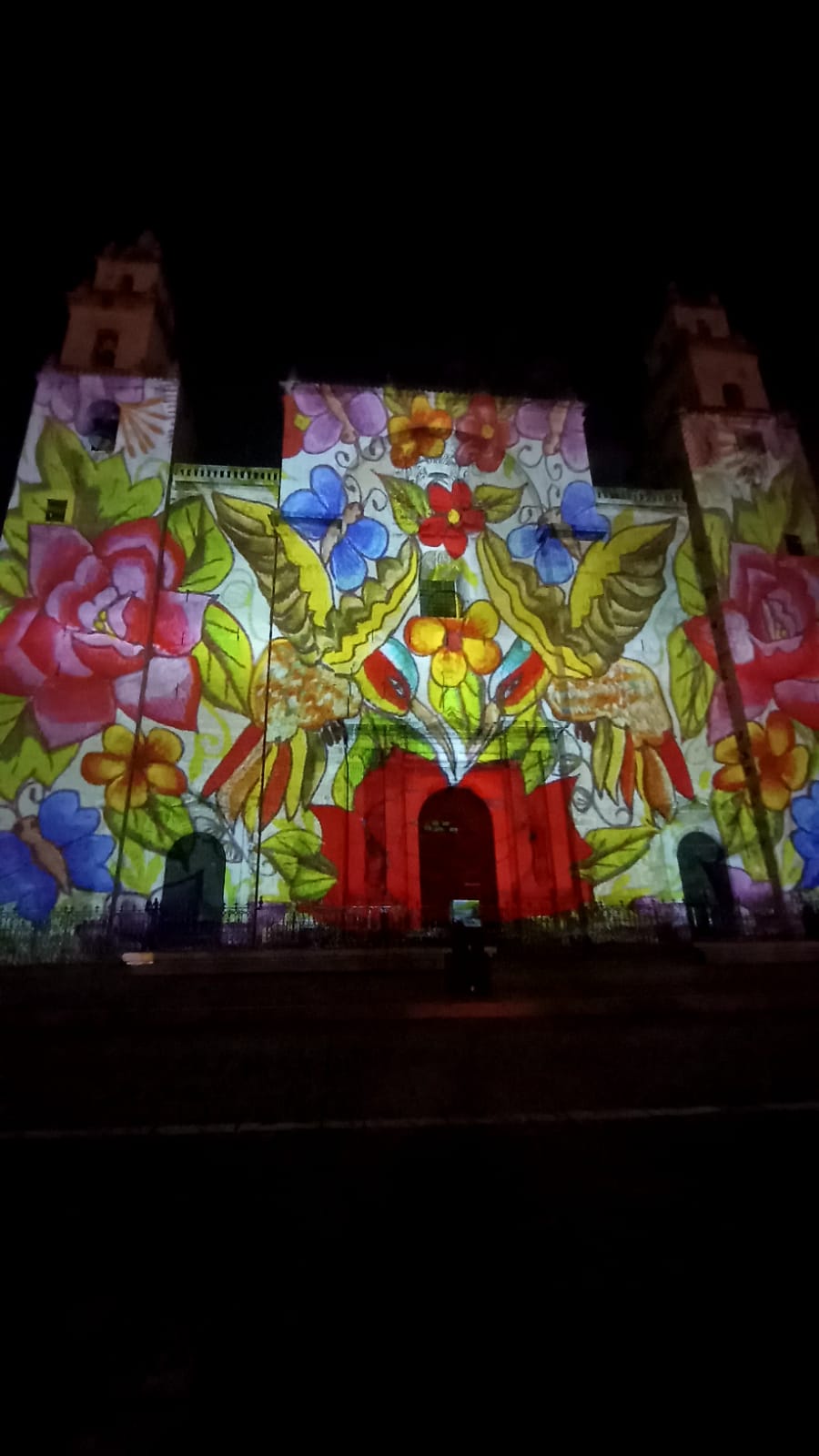 Colorful floral light projections illuminate a church facade at night in Mexico