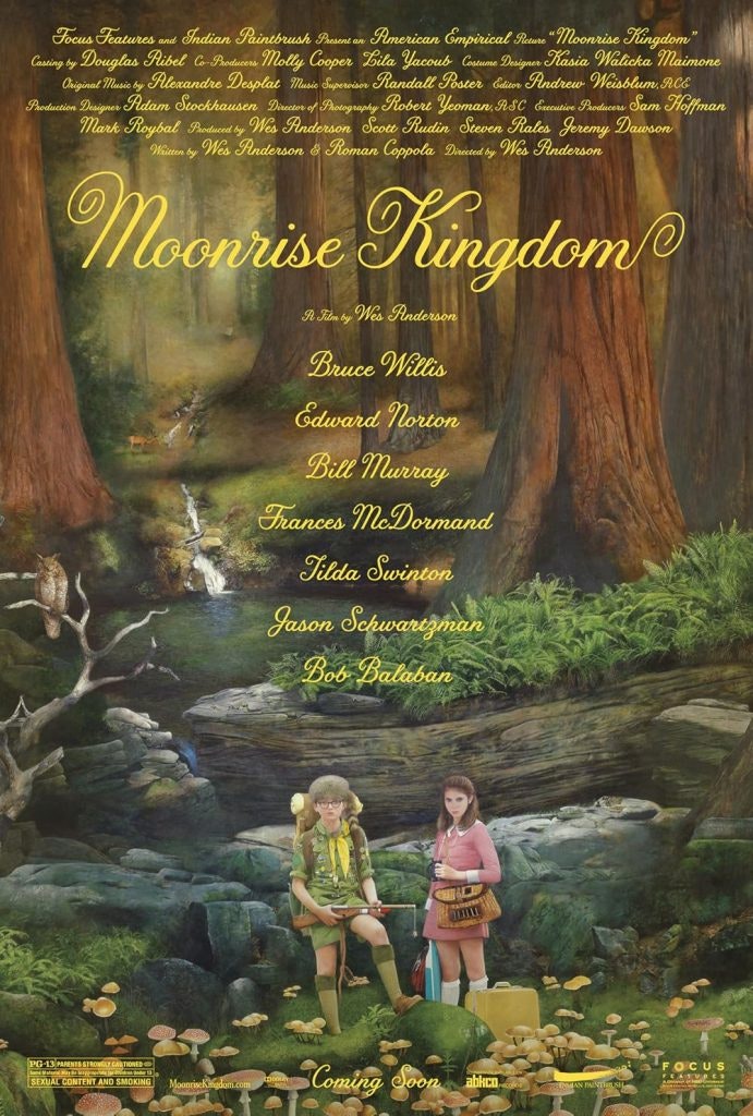 The Moonrise Kingdom poster features the two main characters in a forest setting, with key details about the film displayed in yellow font.