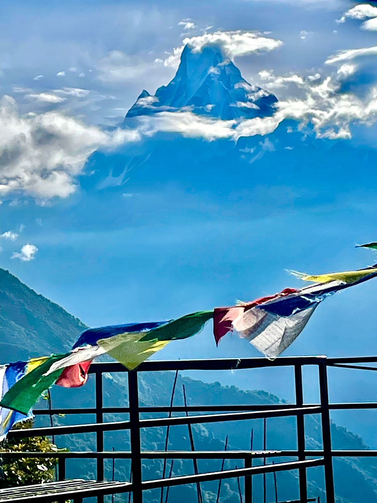 Prayer flags in five colors stretch from a railing across a deep blue sky.