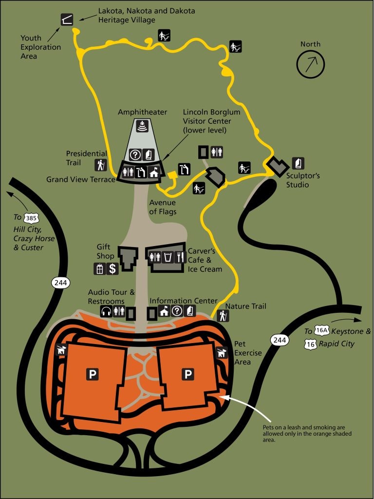 U.S. National Park Service, restoration/cleanup by Matt Holly, Public domain, via Wikimedia Commons Most recent detailed Mount Rushmore map, zooming in on the monument and showing the buildings and facilities as well as the loop trail that takes you right to the base of the presidents.