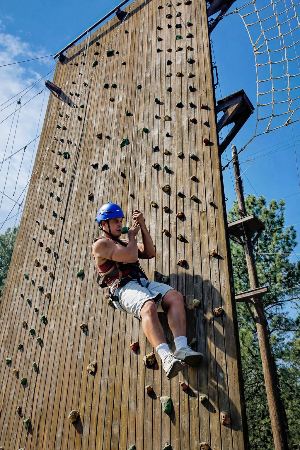 Students in helmets climb a tall wooden climbing wall
