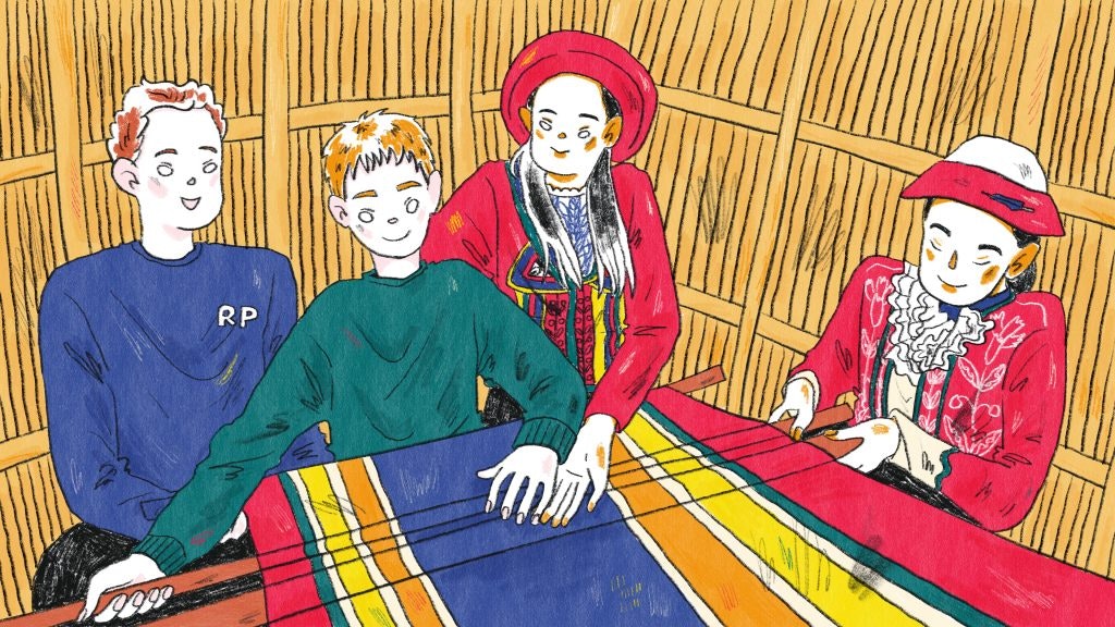 Hand-drawn illustration of a Rustic Pathways program leader supporting a student during a community project, illustrating Place-based experiential learning.