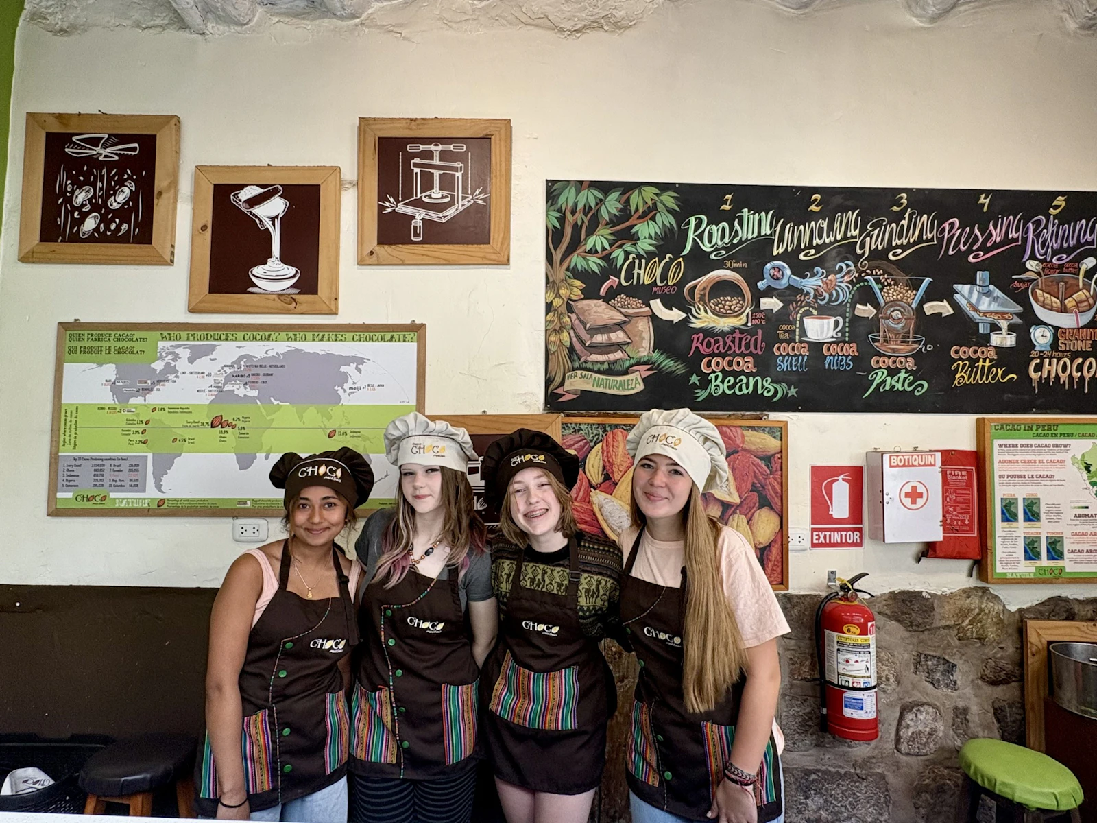 Four teen travelers in aprons and hats stand in front of a chalkboard showing the stages of cacao processing at a chocolate workshop