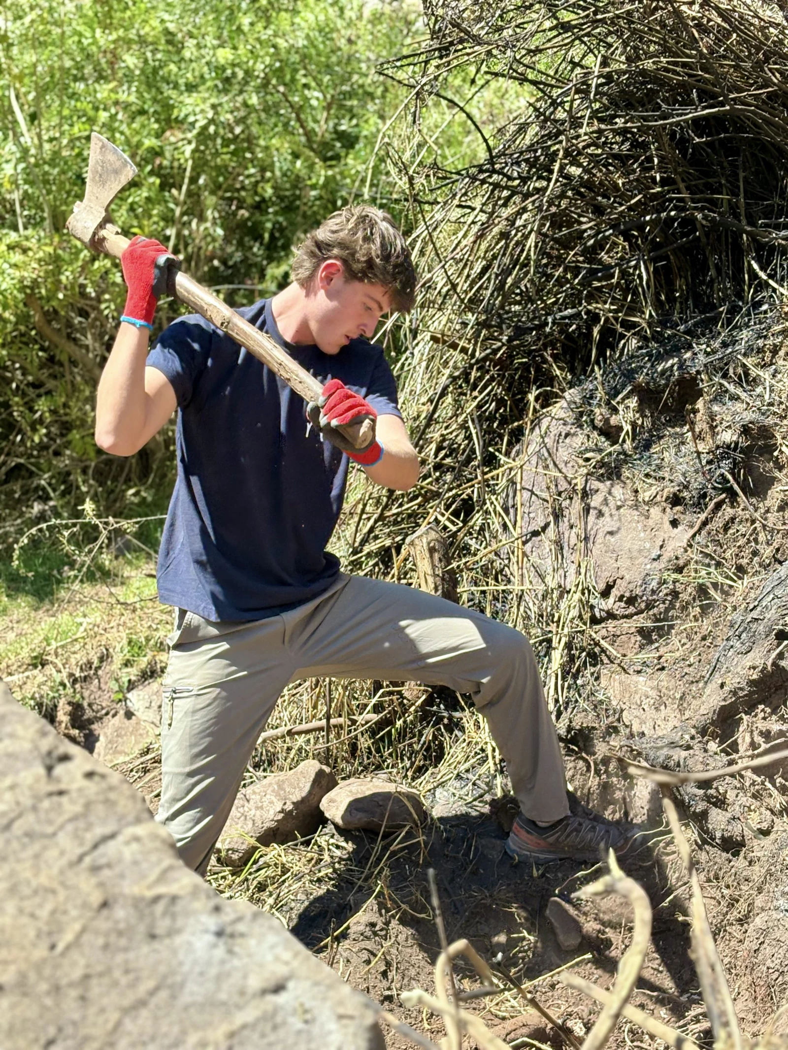 A teen traveler in red work gloves swings a long-handled mattock into a bank of cut brush on a rocky hillside in Peru