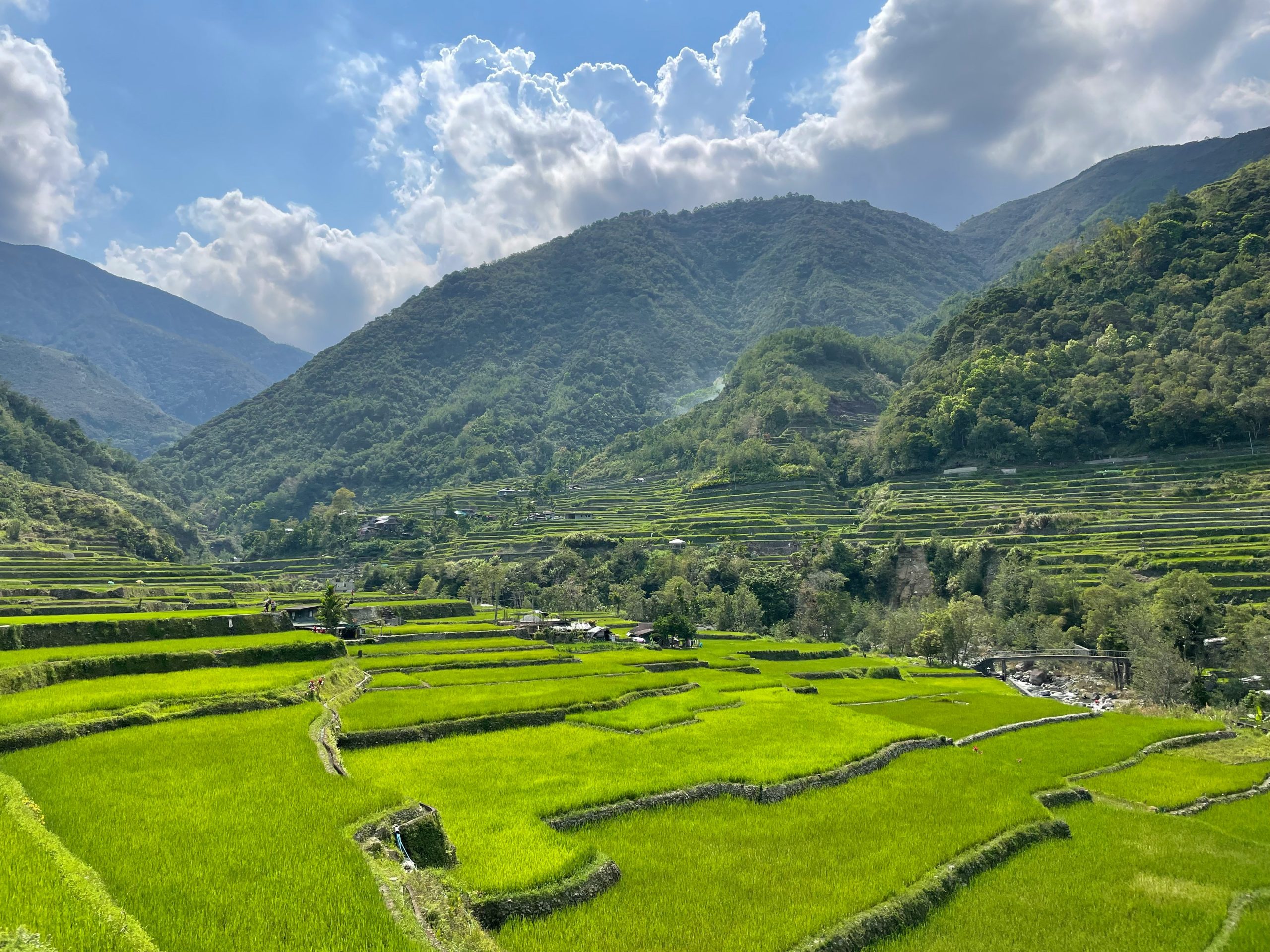 Green rice terraces stepping up a mountain valley under a partly cloudy sky.