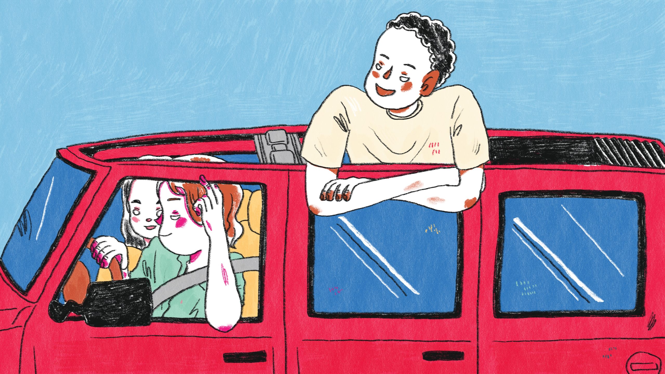 hand-drawn illustration of three travelers driving around in a red van. One is peering out the sunroof eager for adventure.