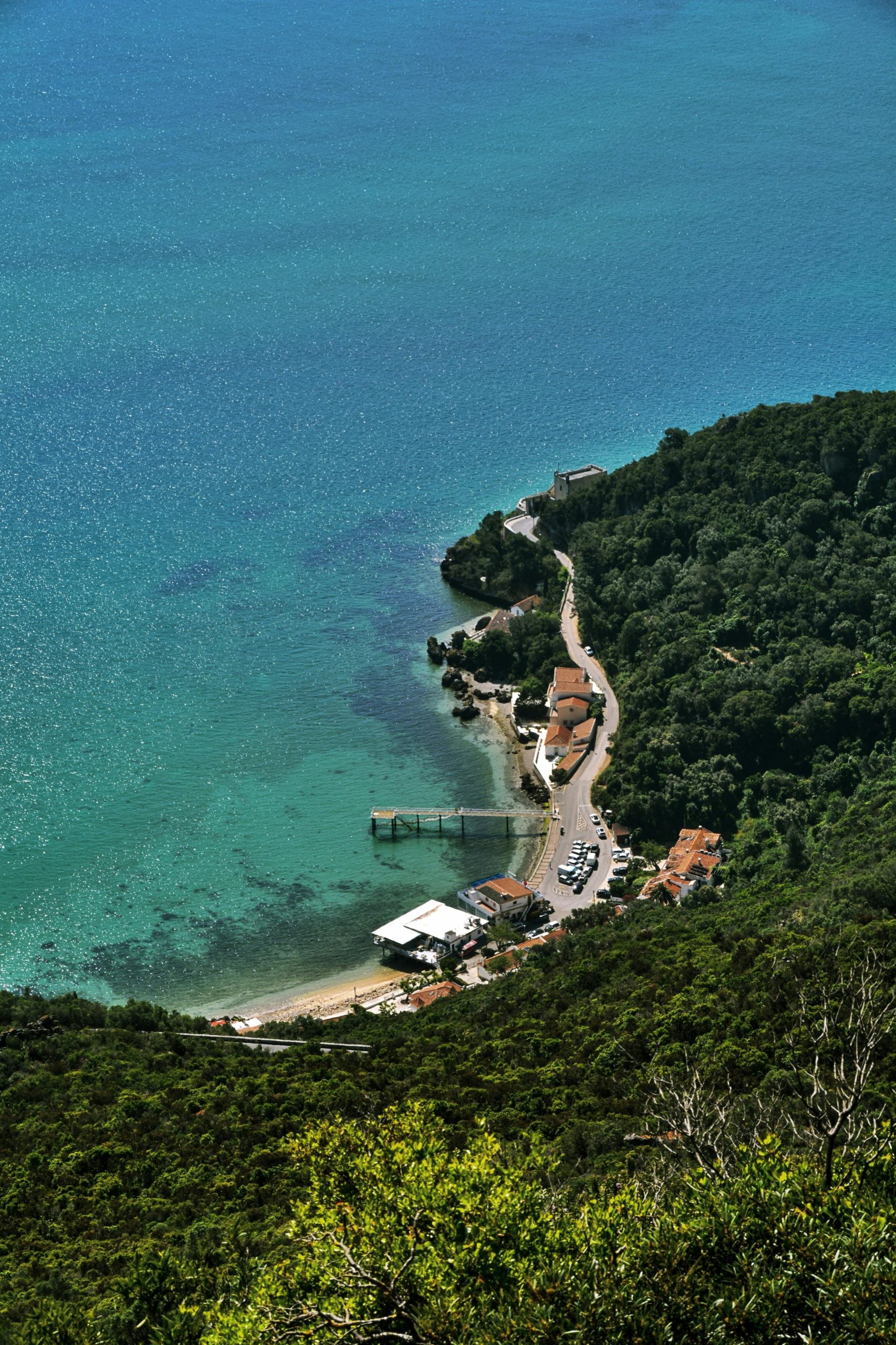 Teen travelers look out over a turquoise coastal bay lined with a pier, buildings, and forested hillsides