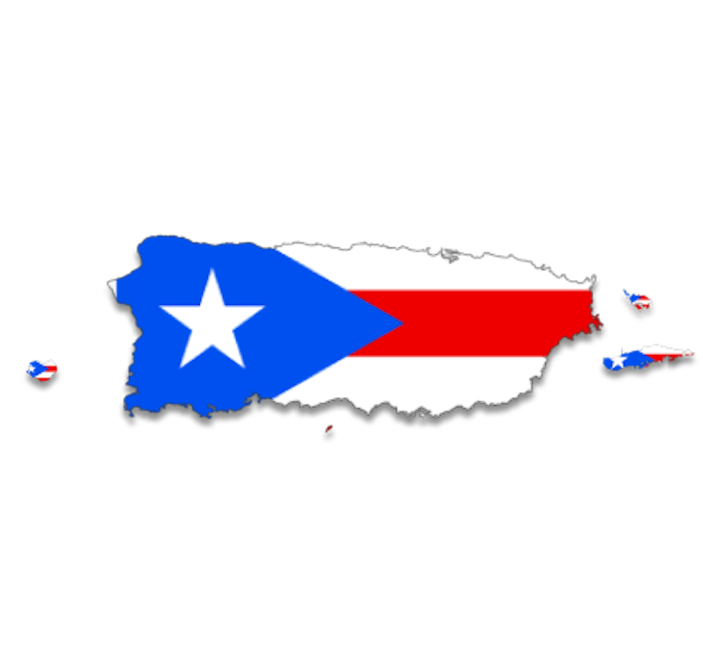 Puerto Rico map with red and white stripes and a blue triangle with a white star