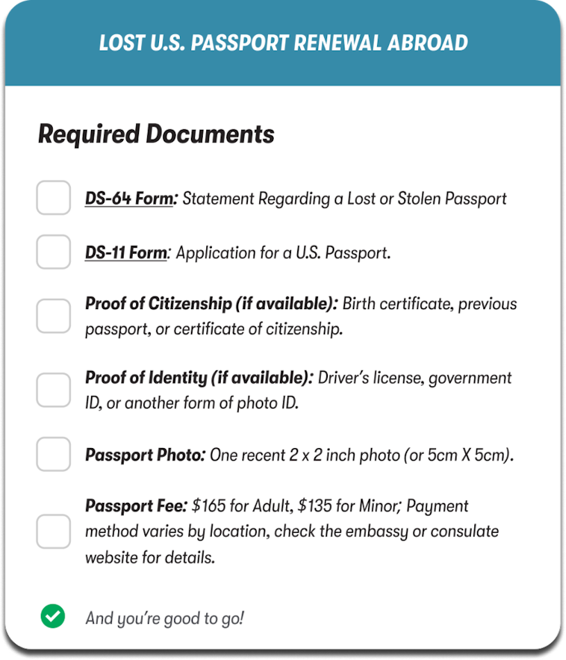 Checklist for U.S. passport renewal abroad, detailing necessary forms, proof of identity and citizenship, passport photo, and fee.