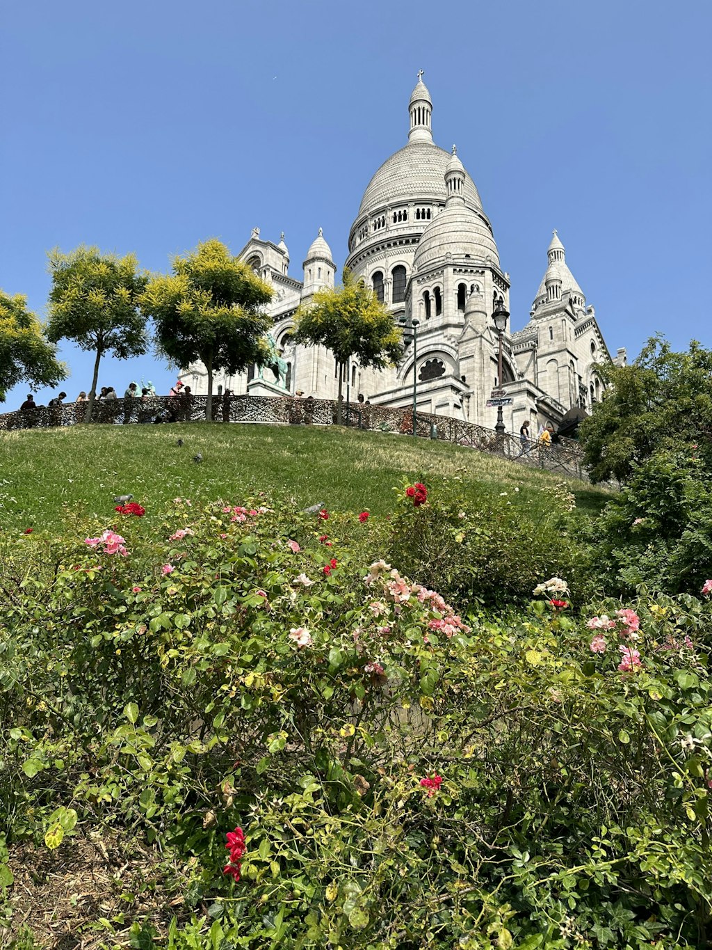 A green garden in Montmartre is filled with colorful flowers. In the background, the Basilique du Sacr&eacute;-C&oelig;ur stands proudly, adding to the beauty of the scene.