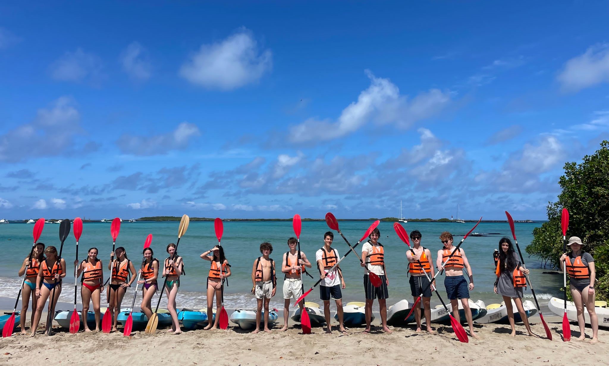 Students line up on the beach holding paddles beside stacked kayaks