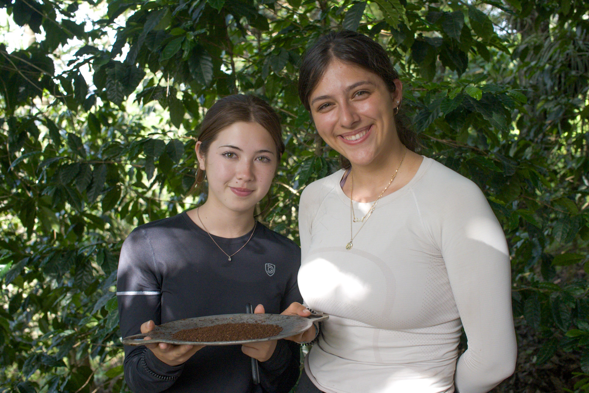 Student travelers hold a tray of roasted coffee beans among leafy plants