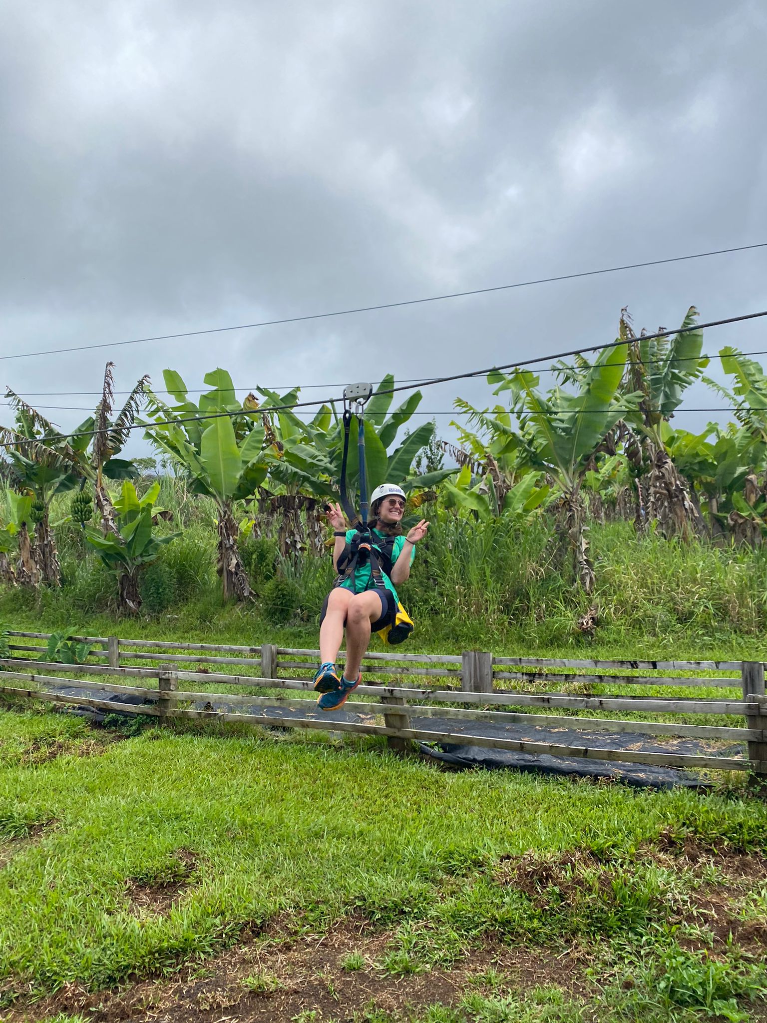 A student ziplines over a wooden platform near banana trees