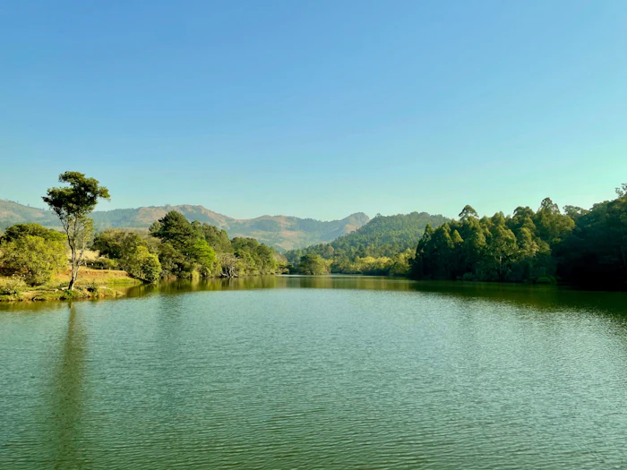 A still green dam reflects the trees on its banks, with low wooded hills rising behind it.