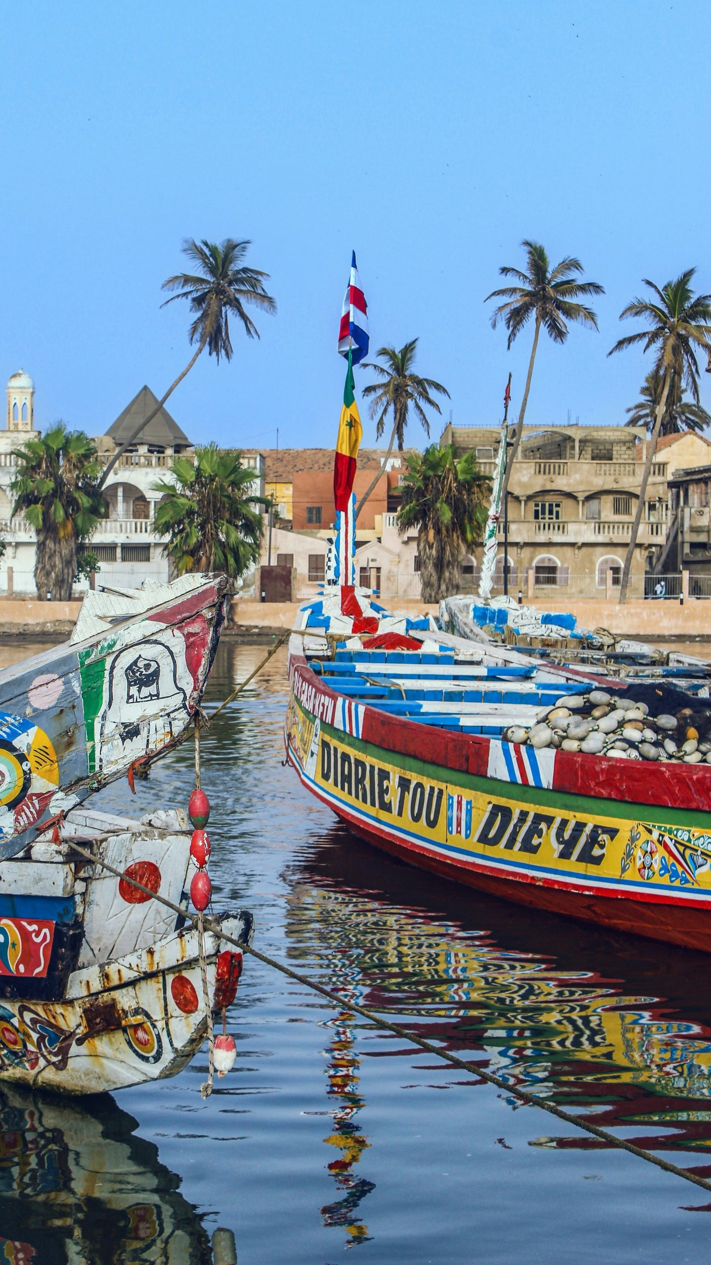 Painted wooden pirogues moored on the river in front of palm trees and old town buildings in Saint-Louis.