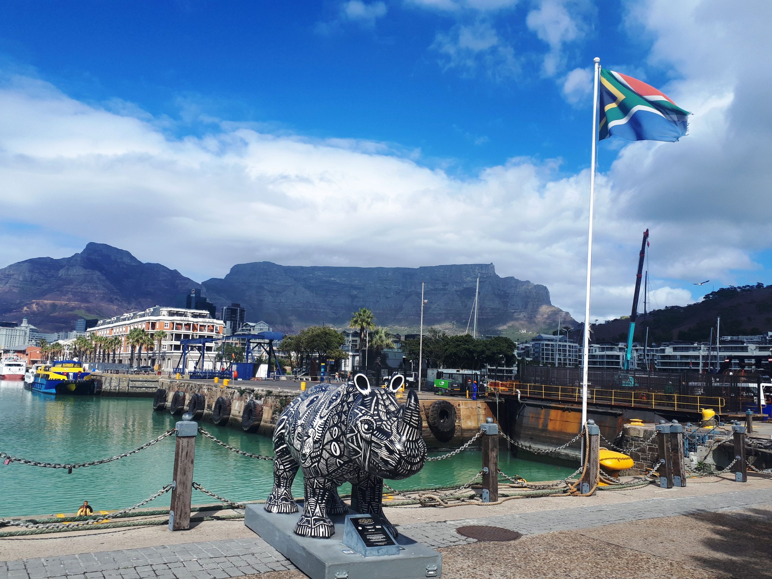 A hippo sculpture sits on the V&A Waterfront with Table Mountain and the South African flag behind