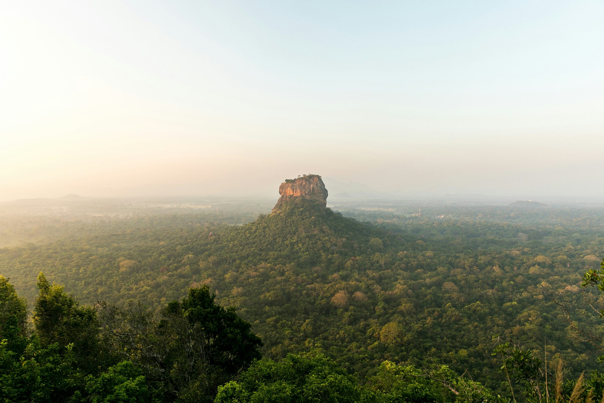 Sigiriya rock fortress rising above forest in the morning haze, seen from a neighboring hill.