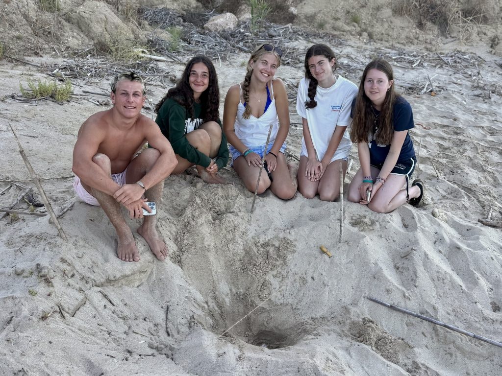 A group of Rustic Pathways student travelers working on a turtle conservation project on a beach in Kefalonia, Greece 