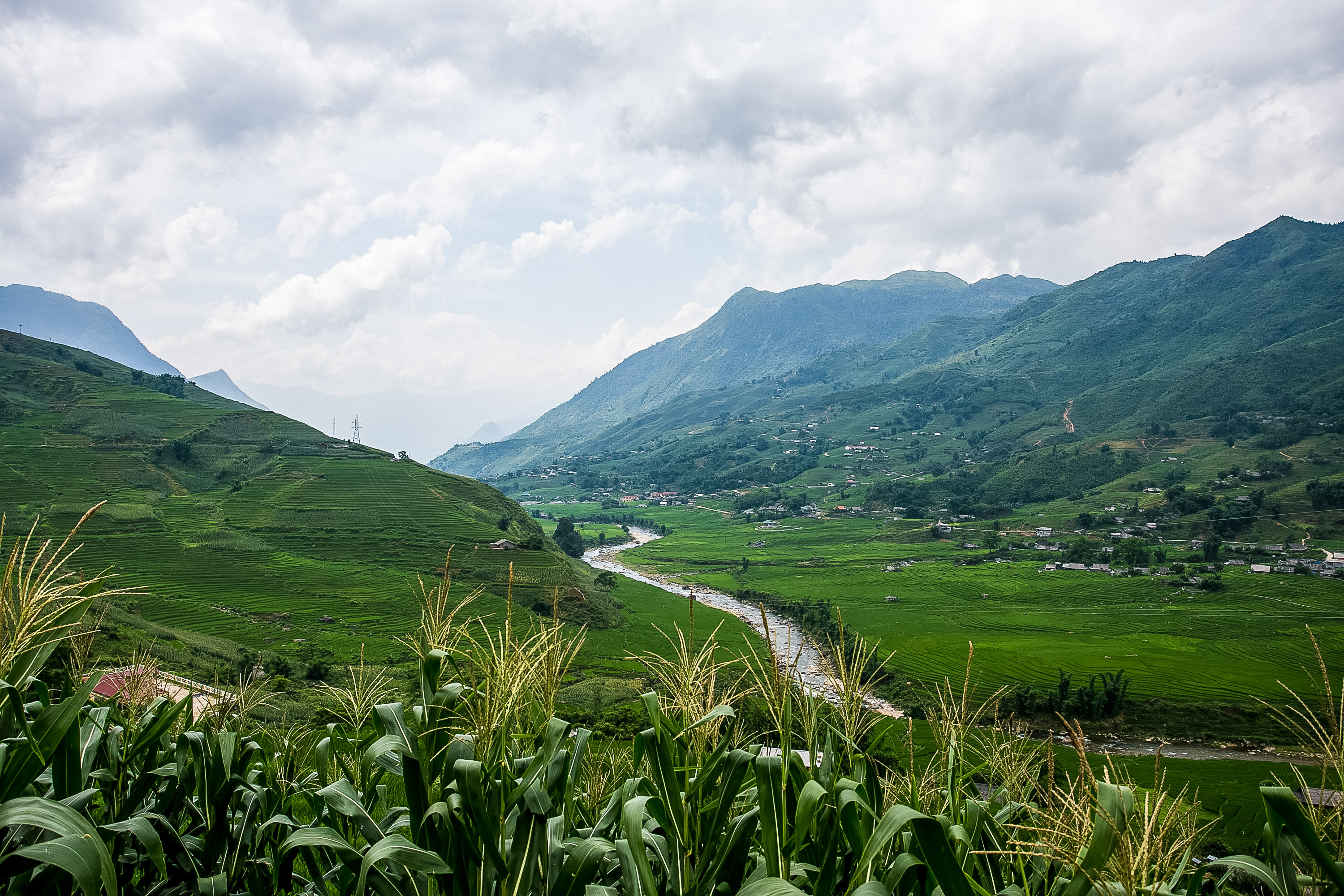 A river winds through a green valley of rice terraces framed by mountains and cornstalks