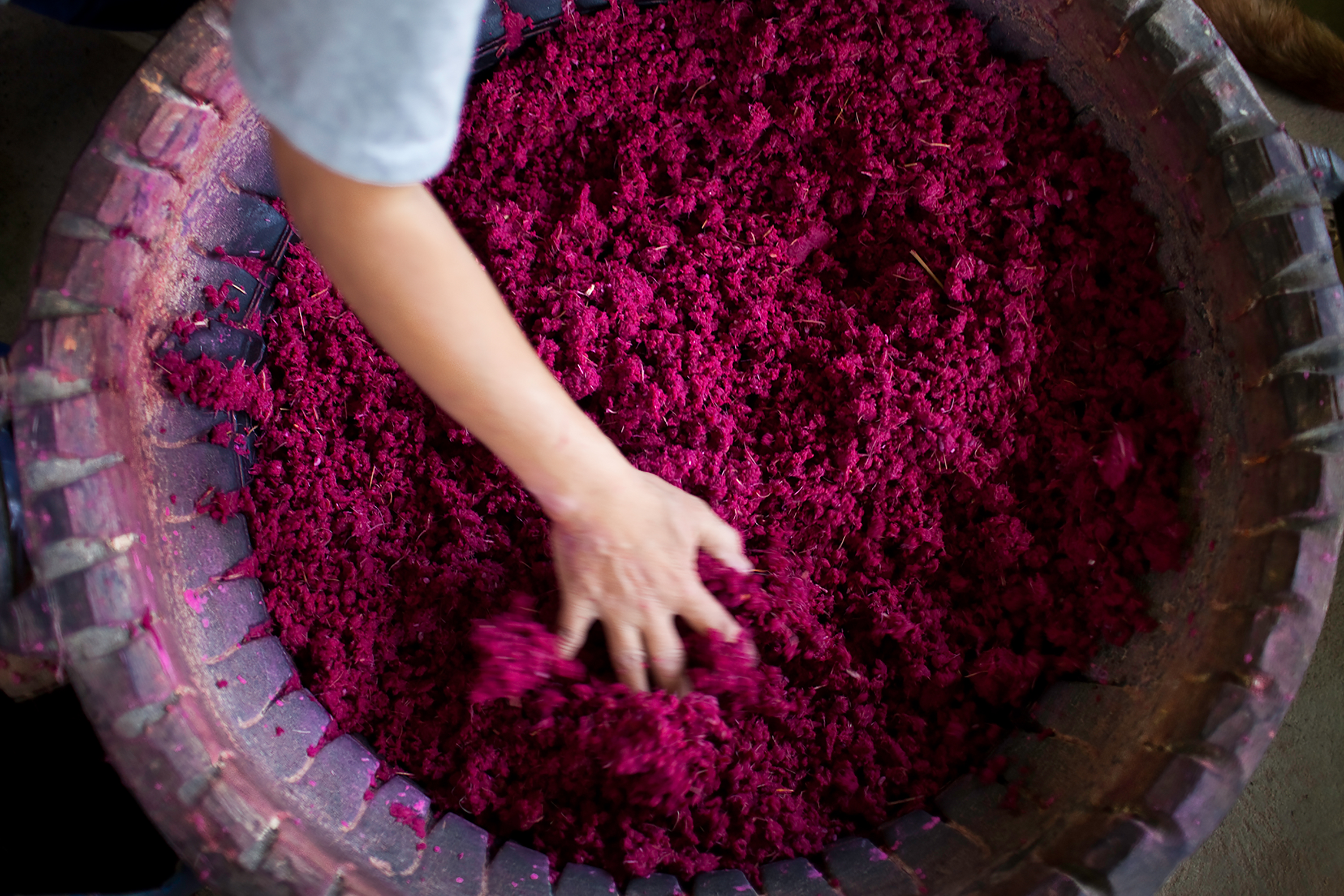 Hand mixing purple content inside a large bowl.