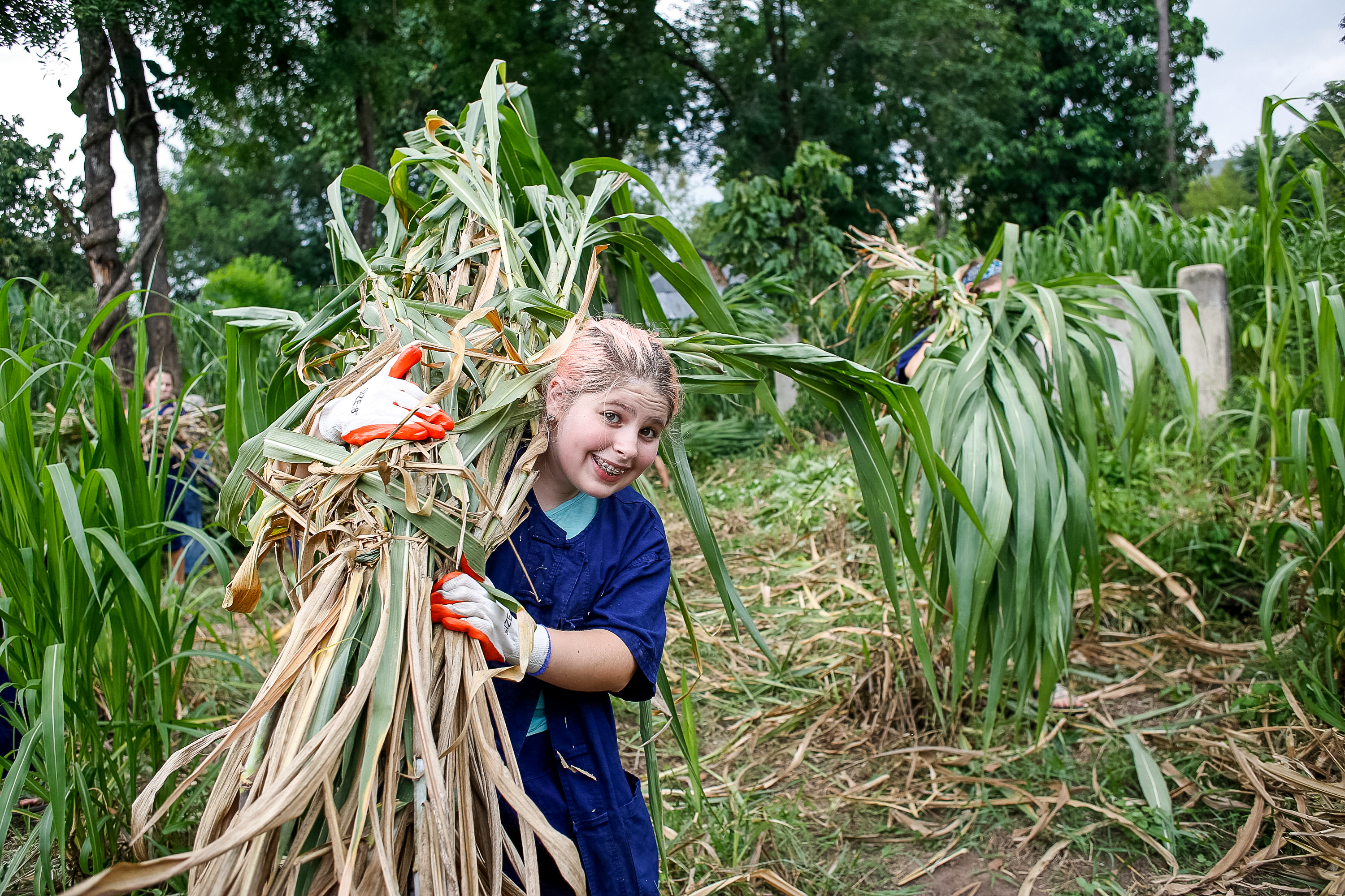 Student carrying leaves during Thailand service project.