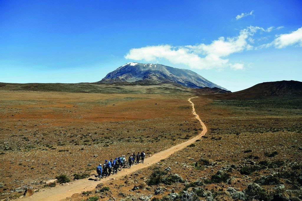 Group of hikers walking towards a distant mountain, Mt. Kilimanjaro on a clear day.