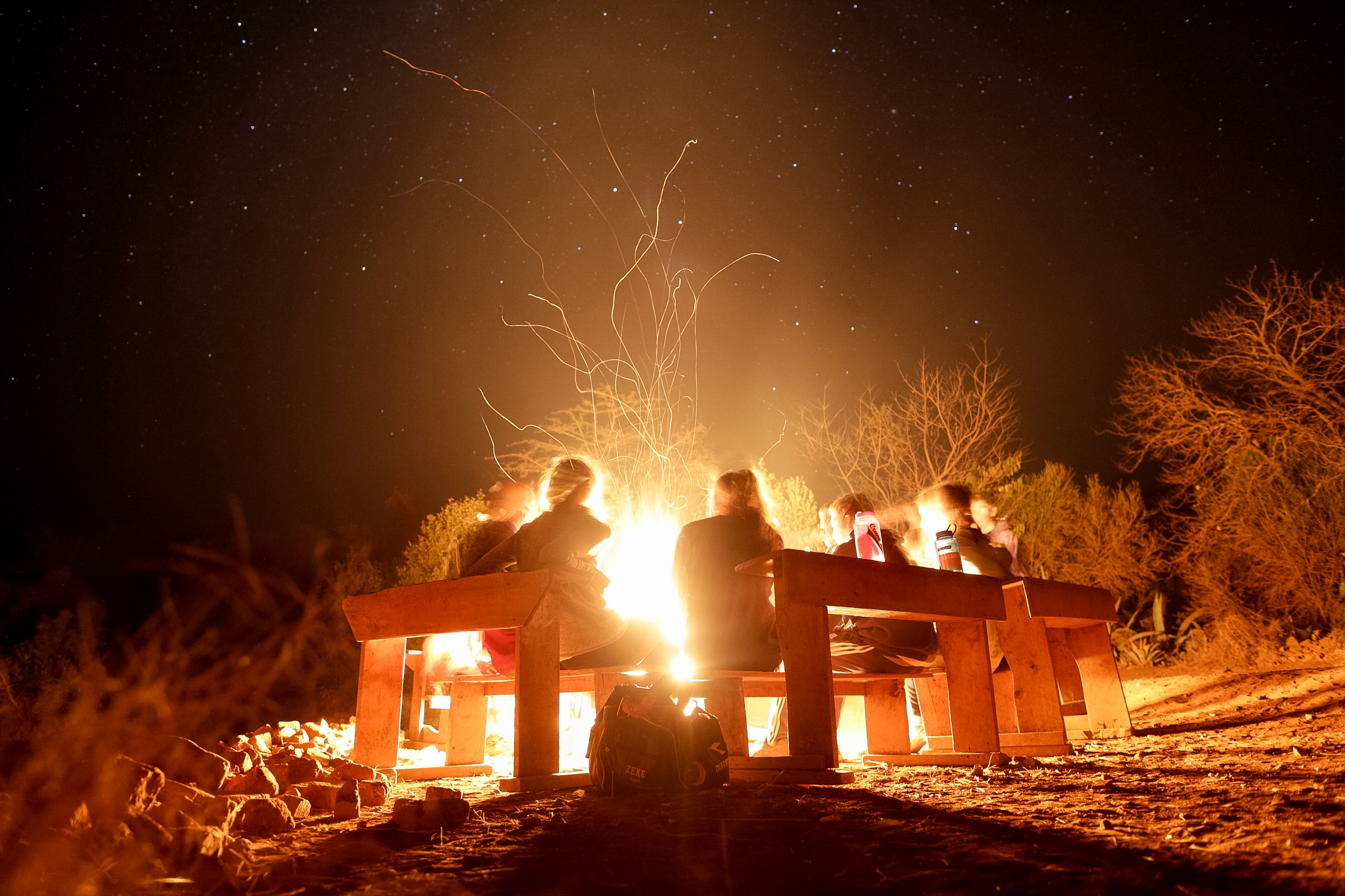 Students sit on benches around a glowing campfire under a starry night sky