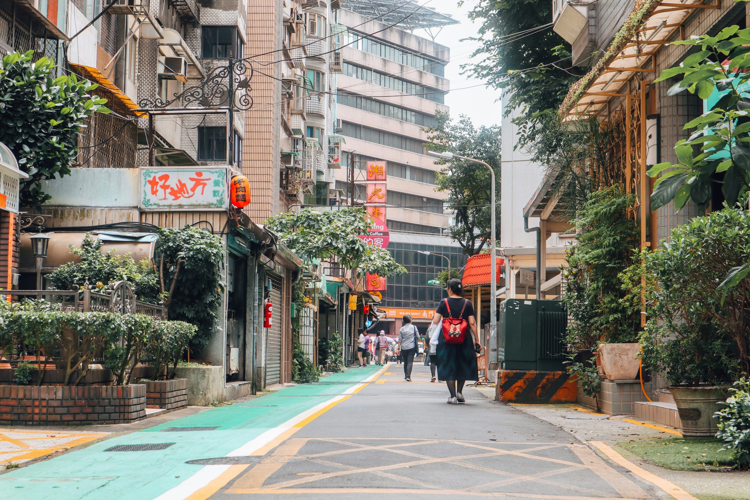 A quiet Taipei lane lined with potted plants and shopfronts, with a pedestrian walking toward the high-rises.