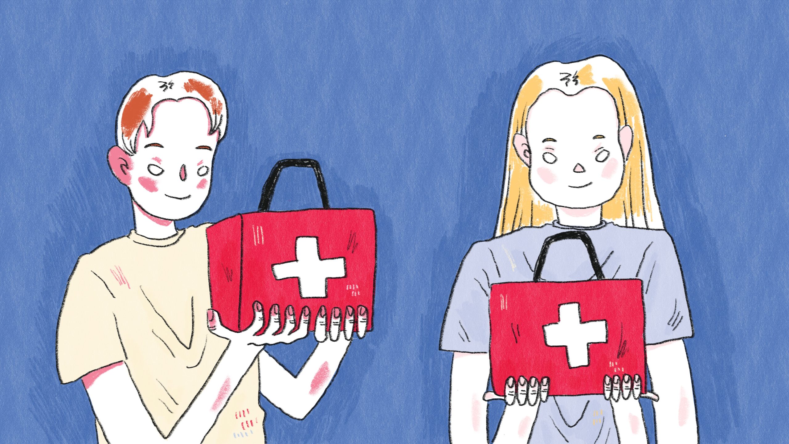 Hand drawn illustration of two program leaders holding first aid kits for teen travel health and safety preparation.