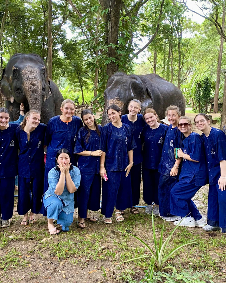 Thirteen teen travelers in blue mahout uniforms stand together with two elephants grazing in the trees behind them.
