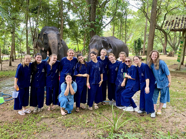 Thirteen teen travelers in blue mahout uniforms stand together with two elephants grazing in the trees behind them.