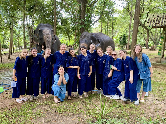 Students in blue mahout uniforms stand together with two elephants behind them in Thailand