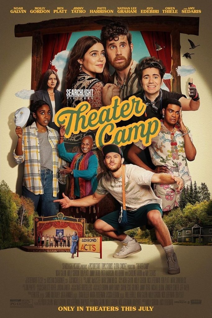 The Theater Camp movie poster showcases a stage with the main character in a theater setting.