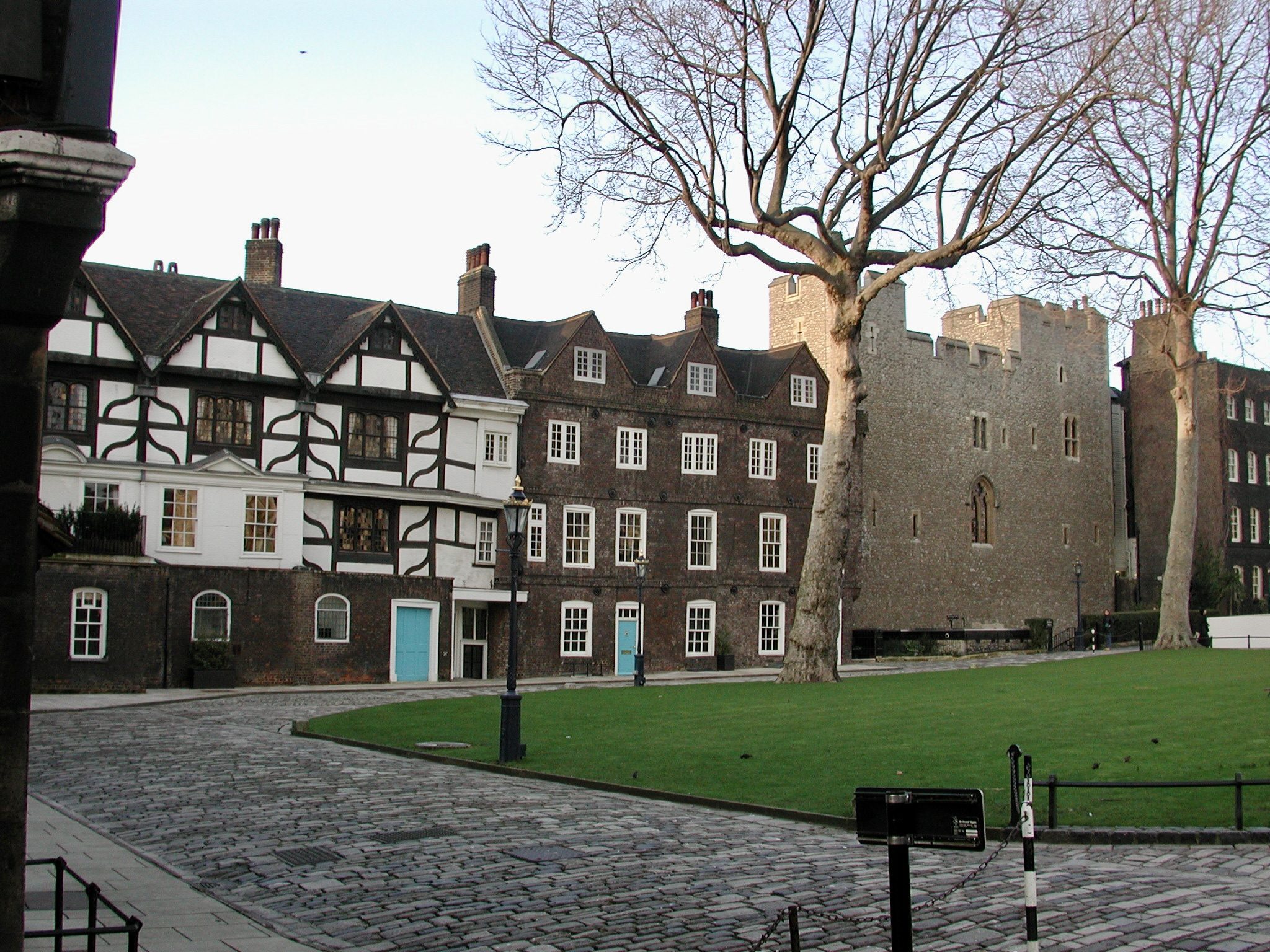Students arriving in London on a UK school trip, the Tower of London inner ward