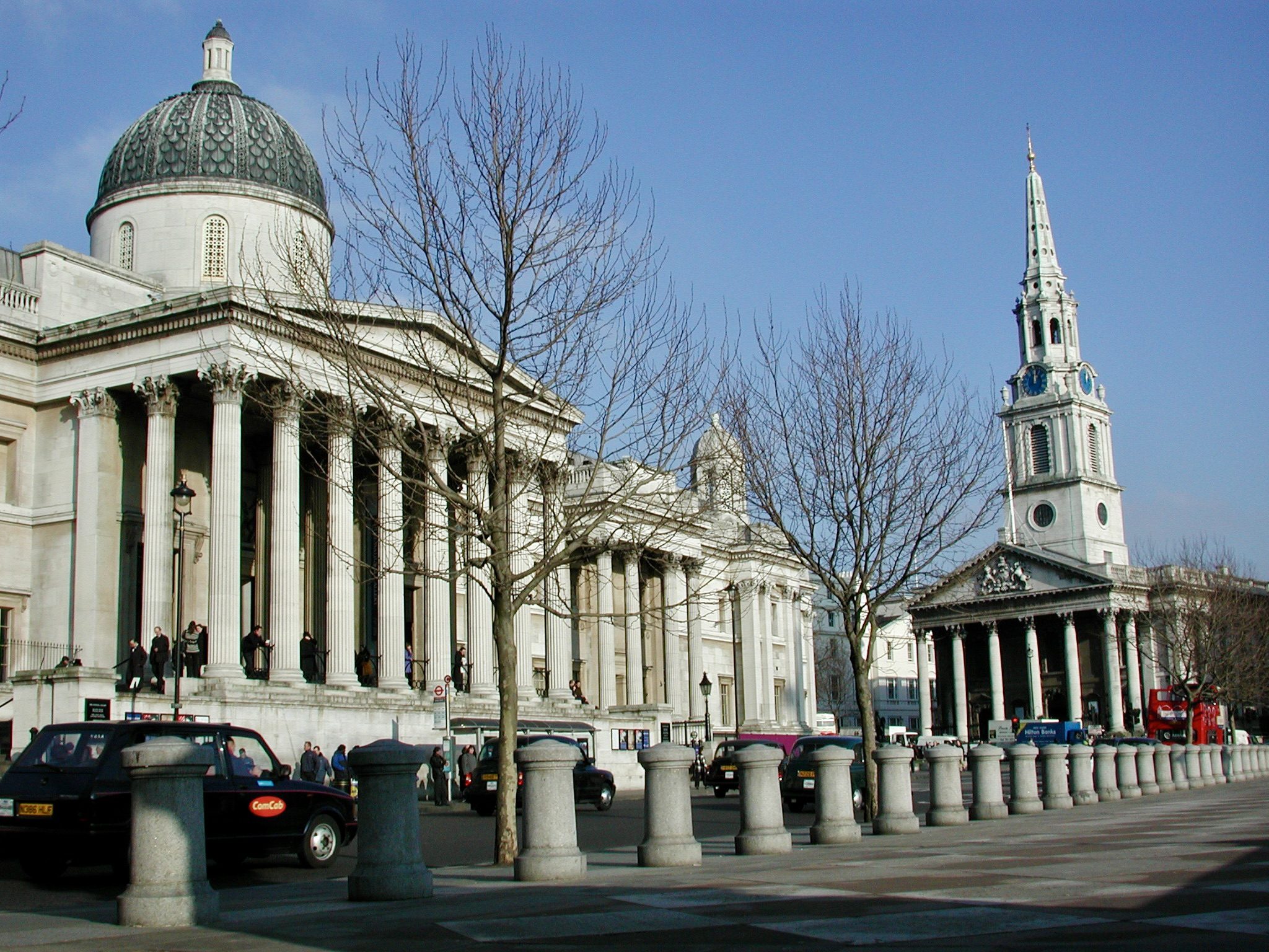 The National Gallery and the spire of St Martin-in-the-Fields across Trafalgar Square