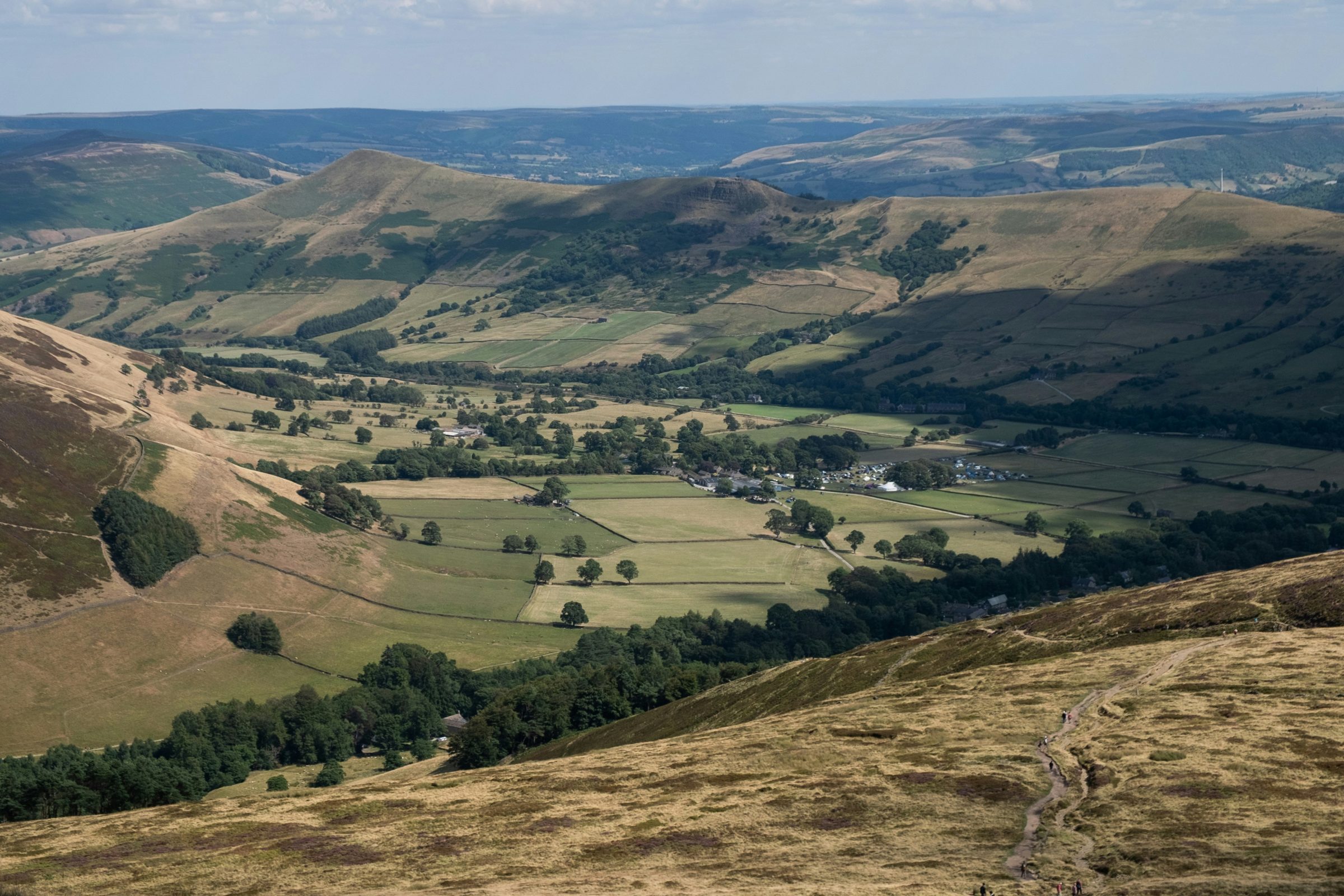 The Edale valley and its field walls seen from the ridge path on Mam Tor